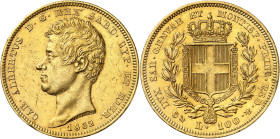 ITALIE
Piémont Sardaigne
Charles-Albert, 1831-1849. 100 Lire 1832 P (ancre), Gênes. Tête nue à gauche. Date au-dessous / Ecu couronné et collier de ...