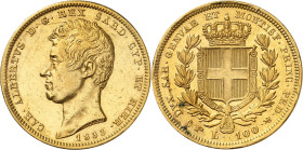 ITALIE
Piémont Sardaigne
Charles-Albert, 1831-1849. 100 Lire 1833 P (aigle), Turin. Tête nue à gauche. Date au-dessous / Ecu couronné et collier de ...