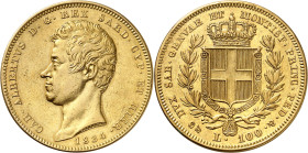 ITALIE
Piémont Sardaigne
Charles-Albert, 1831-1849. 100 Lire 1834 P (ancre), Gênes. Tête nue à gauche. Date au-dessous / Ecu couronné et collier de ...