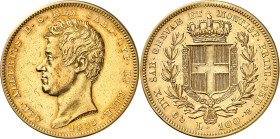 ITALIE
Piémont Sardaigne
Charles-Albert, 1831-1849. 100 Lire 1835 P (ancre), Gênes. Tête nue à gauche. Date au-dessous / Ecu couronné et collier de ...