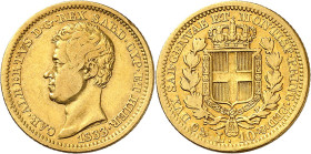 ITALIE
Piémont Sardaigne
Charles-Albert, 1831-1849. 10 Lire 1833 P (ancre), Gênes. Tête nue à gauche. Date au-dessous / Ecu couronné et collier de l...
