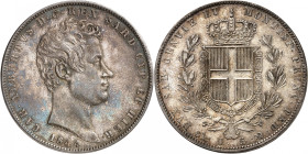 ITALIE
Piémont Sardaigne
5 Lire 1844 P (ancre), Gênes. Buste nu à droite. Date au-dessous / Armoiries couronnées, entourées du collier de l'ordre de...