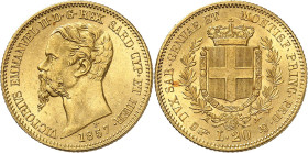 ITALIE
Piémont Sardaigne
Victor-Emmanuel II, 1849-1861. 20 Lire 1857 B (aigle), Turin. Tête nue à gauche. Date au-dessous / Ecu couronné et collier ...