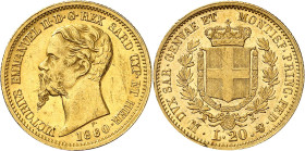 ITALIE
Piémont Sardaigne
Victor-Emmanuel II, 1849-1861. 20 Lire 1860 M, Milan. Tête nue à gauche. Date en-dessous / Ecu couronné et collier de l’Ann...
