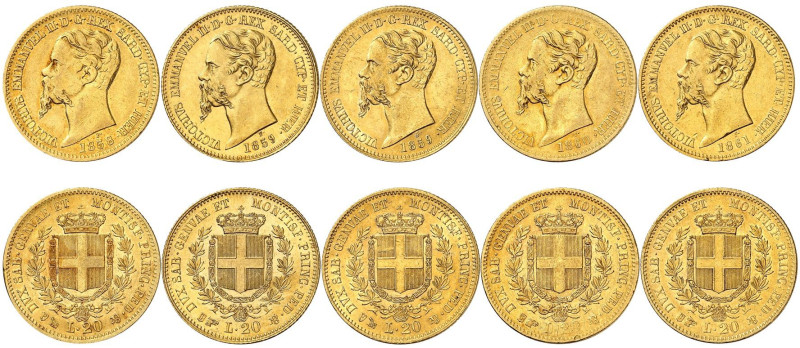 ITALIE
Piémont Sardaigne
Victor-Emmanuel II, 1849-1861. Lot de 5 pièces de 20 ...