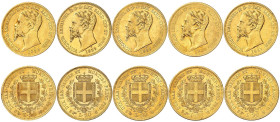 ITALIE
Piémont Sardaigne
Victor-Emmanuel II, 1849-1861. Lot de 5 pièces de 20 Lire : 1858 P Gênes (Avers-revers DÉCALÉS de 15°), 1859 B Turin, 1859 ...