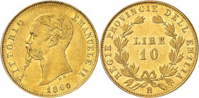 ITALIE
Piémont Sardaigne
Victor-Emmanuel II, roi élu, 1859-1861. 10 Lire 1860 B, Bologne. Tête nue à gauche. Date au-dessous / Valeur dans une couro...