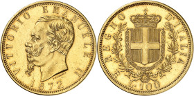 ITALIE
Royaume d'Italie
Victor-Emmanuel II, roi d'Italie, 1861-1878. 100 Lire 1872 R, Rome. Buste à gauche. Date au-dessous / Ecu couronné et collie...