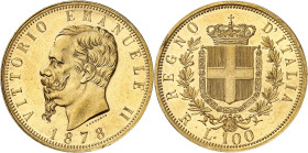 ITALIE
Royaume d'Italie
Victor-Emmanuel II, roi d'Italie, 1861-1878. 100 Lire 1878 R, Rome. Buste à gauche. Date au-dessous / Ecu couronné et collie...