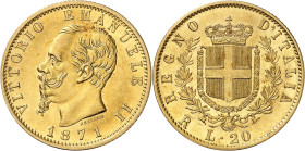 ITALIE
Royaume d'Italie
Victor-Emmanuel II, roi d'Italie, 1861-1878. 20 Lire 1871 R, Rome. Buste à gauche. Date en-dessous / Ecu couronné et collier...