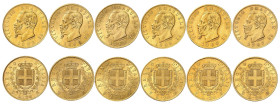 ITALIE
Royaume d'Italie
Victor-Emmanuel II, roi d'Italie, 1861-1878. Lot de 6 pièces de 20 Lire : 1862 T, 1863 T, 1864 T, 1865 T, 1866 T et 1867 T. ...