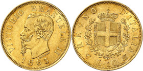 ITALIE
Royaume d'Italie
Victor-Emmanuel II, roi d'Italie, 1861-1878. 10 Lire 1863 T, Turin. PETIT DIAMETRE 18,5 mm. Buste à gauche. Date en-dessous ...