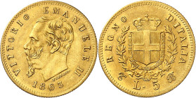 ITALIE
Royaume d'Italie
Victor-Emmanuel II, roi d'Italie, 1861-1878. 5 Lire 1863 T, Turin. Buste à gauche. Date en-dessous / Ecu couronné et collier...