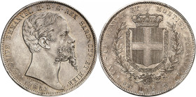 ITALIE
Piémont Sardaigne
Victor-Emmanuel II, 1849-1861. 5 Lire 1851 B (aigle), Turin. Buste nu à droite. Date au-dessous / Armoiries couronnées, ent...