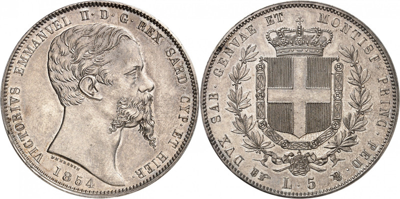 ITALIE
Piémont Sardaigne
Victor-Emmanuel II, 1849-1861. 5 Lire 1854 B (aigle),...