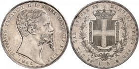 ITALIE
Piémont Sardaigne
Victor-Emmanuel II, 1849-1861. 5 Lire 1854 B (aigle), Turin. Buste nu à droite. Date au-dessous / Armoiries couronnées, ent...