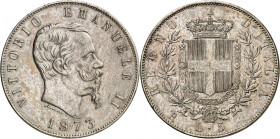 ITALIE
Royaume d'Italie
Victor-Emmanuel II, roi d'Italie, 1861-1878. 5 Lire 1873 R, Rome Buste nu à droite. Date au-dessous / Armoiries couronnées, ...
