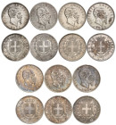 ITALIE
Royaume d'Italie
Victor-Emmanuel II, roi d'Italie, 1861-1878. Lot de 7 pièces de 5 Lire : 1861 T, 1862 T, 1862 N tranche A, 1862 N tranche B,...