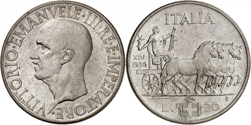 ITALIE
Royaume d'Italie
20 Lire 1936/XIV R, Rome. Tête nue à gauche / L'Italie...