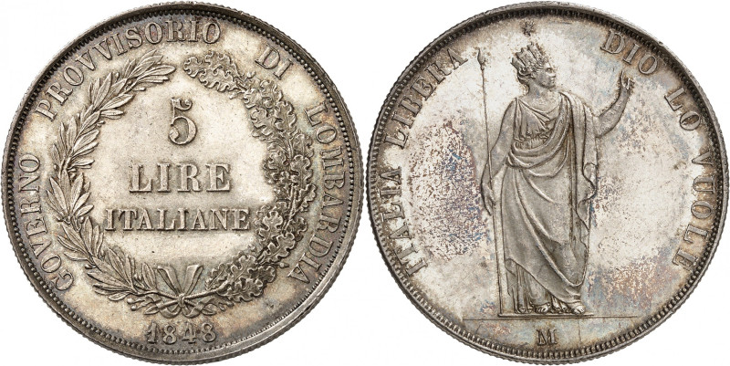 ITALIE
Lombardie
Gouvernement provisoire, 1848. 5 Lire 1848 M, Milan. L'Italie...