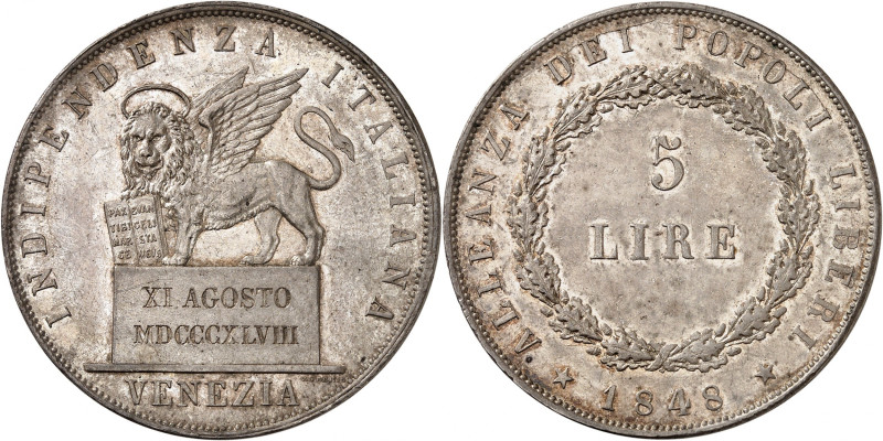 ITALIE
Venise
5 Lire 1848, Venise. Lion ailé de saint Marc à gauche sur un pié...