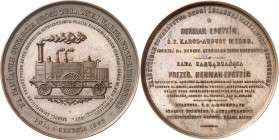 POLOGNE
Médaille en bronze 1862 commémorant l'ouverture de la ligne de chemin de fer Varsovie-Bromberg, par R. Michaux. Locomotive à vapeur avançant ...