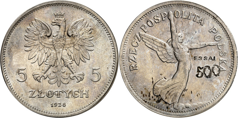 POLOGNE
Première République, 1918-1939. 5 Zlotych 1928, Bruxelles. ESSAI en ARG...