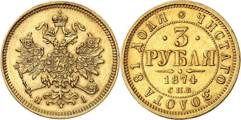 RUSSIE
Alexandre II, 1855-1881. 3 Roubles 1874 CNB, Saint-Pétersbourg. Aigle im...