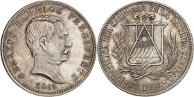 SALVADOR
République, 1841-. Peso 1861, San Salvador. ESSAI en ARGENT (1971 restrike). Tête nue de Gerardo Barrios à droite. Date au.dessous / Armoiri...