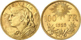 SUISSE
Confédération
100 Francs 1925 B, Berne. Buste de jeune fille à gauche, sur fond de montagnes / Valeur et date. Croix rayonnante au-dessus. Br...