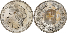 SUISSE
Confédération
5 Francs 1888 B, Berne. Tête féminine à gauche / Ecu flanqué de la valeur, dans une couronne de chêne et d'olivier. Lettre d'at...