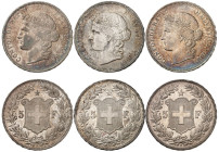 SUISSE
Confédération
Lot de 3 monnaies : 5 Francs 1889 B, Berne, 5 Francs 1890 B, Berne, et 5 Francs 1891 B, Berne. Comme précédemment. 24,98g., 25,...
