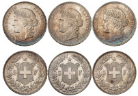 SUISSE
Confédération
Lot de 3 monnaies : 5 Francs 1892 B, Berne, 5 Francs 1908 B, Berne, et 5 Francs 1908 B, Berne. Comme précédemment. 25,03g., 25,...