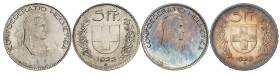 SUISSE
Confédération
Lot de 2 monnaies : 5 Francs 1922 B, Berne, et 5 Francs 1923 B, Berne. Buste de berger à droite / Ecusson suisse entre une bran...