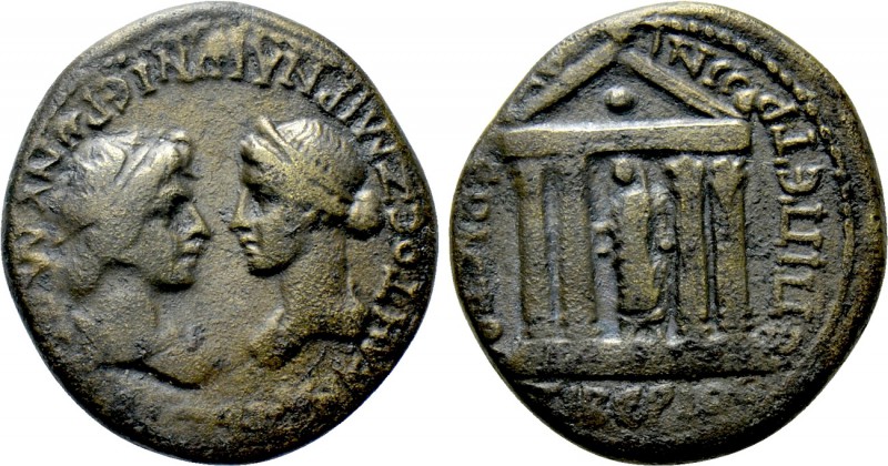 IONIA. Smyrna. Tiberius with Livia (14-37). Ae. Hieronymos and Petronios, magist...