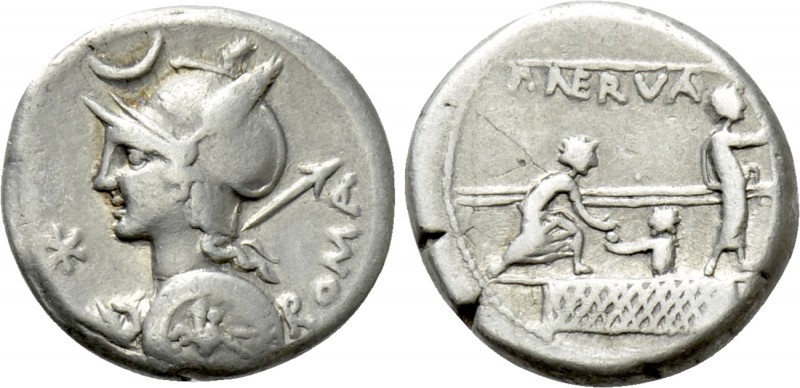 P. NERVA. Denarius (113-112 BC). Rome. 

Obv: ROMA. 
Helmeted bust of Roma le...