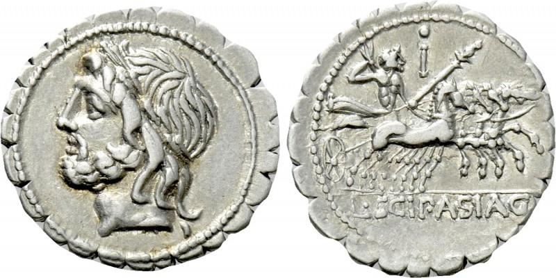 L. SCIPIO ASIAGENUS. Serrate Denarius (106 BC). Rome. 

Obv: Laureate head of ...