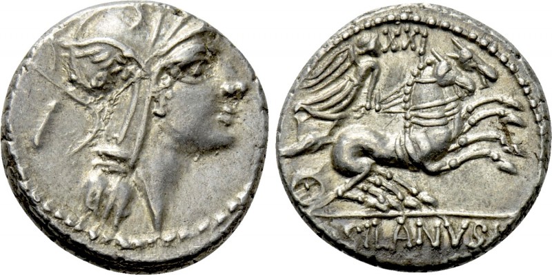 D. SILANUS L.F. Denarius (91 BC). Rome. 

Obv: Helmeted head of Roma right; I ...