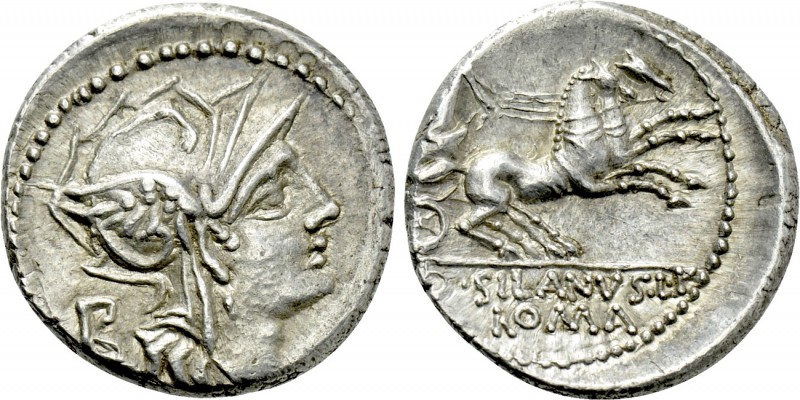 D. SILANUS L.F. Denarius (91 BC). Rome. 

Obv: Helmeted head of Roma right; B ...