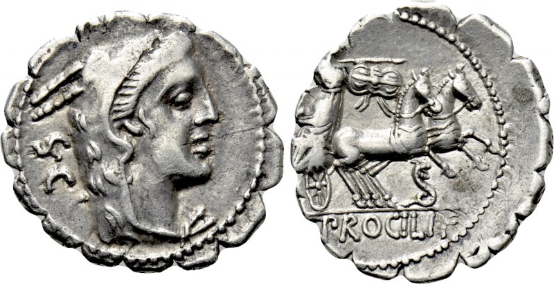 L. PROCILIUS. Serrate Denarius (80 BC). Rome. 

Obv: Head of Juno Sospita righ...