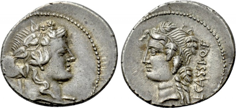 L. CASSIUS Q.F. LONGINUS. Denarius (75 BC). Rome. 

Obv: Head of Liber or youn...