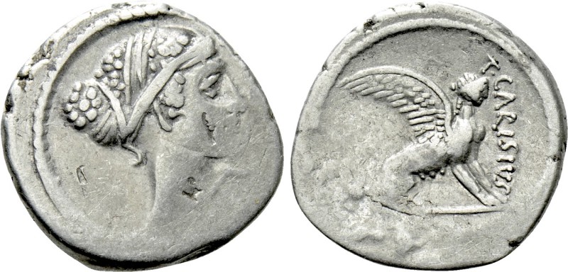 T. CARISIUS. Denarius (46 BC). Rome. 

Obv: Head of Sibyl Herophile right.
Re...