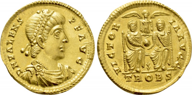 VALENS (364-378). GOLD Solidus. Treveri.

Obv: D N VALENS P F AVG.
Diademed, ...