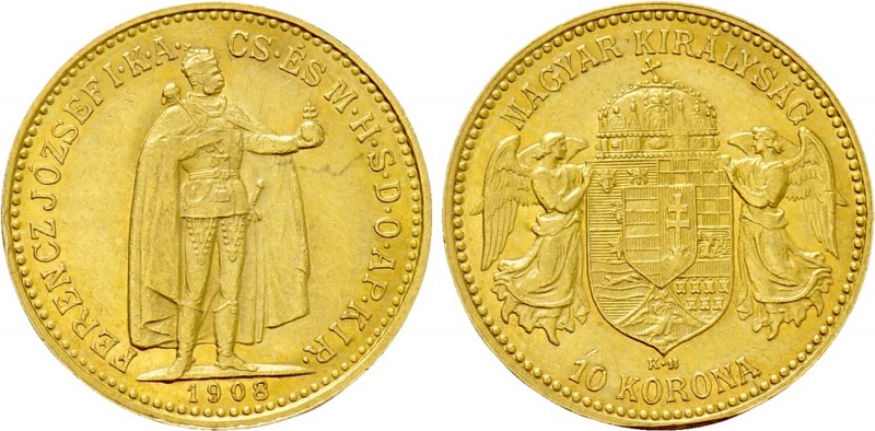 HUNGARY. Franz Joseph I (1848-1916). GOLD 10 Korona (1908-KB). Kremnitz. 

Obv...