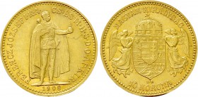 HUNGARY. Franz Joseph I (1848-1916). GOLD 10 Korona (1908-KB). Kremnitz.
