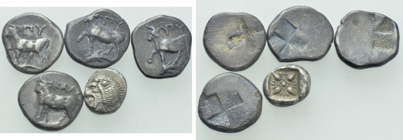 5 Greek coins. 

Obv: .
Rev: .

. 

Condition: See picture.

Weight: g....