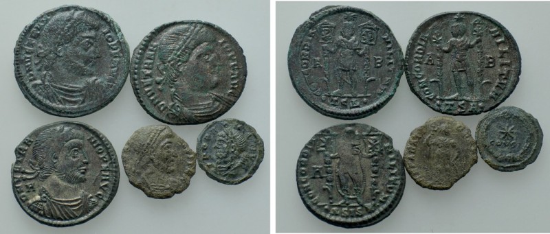 5 Scarce Late Roman Coins. 

Obv: .
Rev: .

. 

Condition: See picture.
...