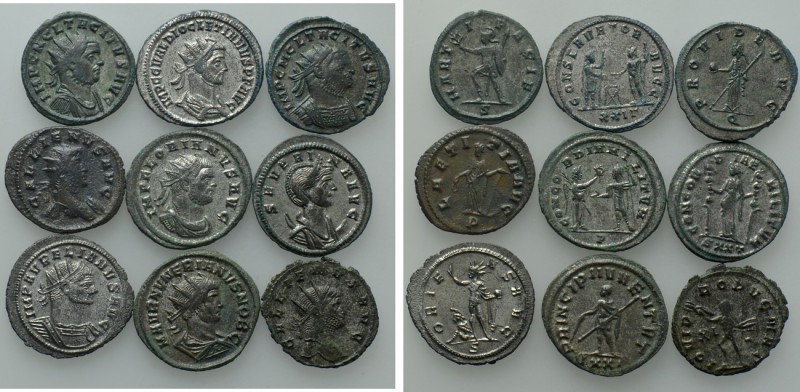 9 Antoniniani; including Tacitus and Florianus. 

Obv: .
Rev: .

. 

Cond...