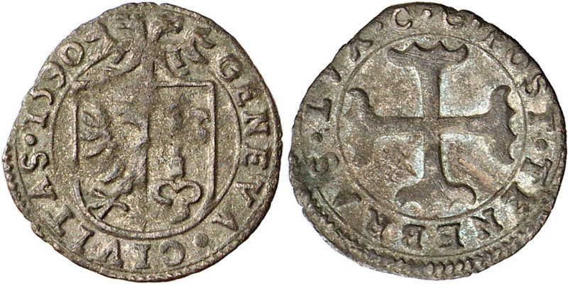 Genève 
Quart 1590 C G. GENEVA · CIVITAS · 1590 Ecu de Genève surmonté de l'aig...