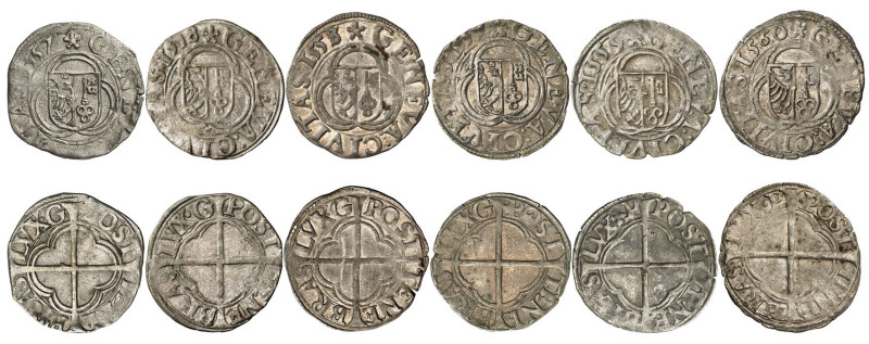 Genève 
Lot de 6 pièces : 3 Quarts 1557 G, 1558 G (2 variantes), 1559 G, 1559 P...